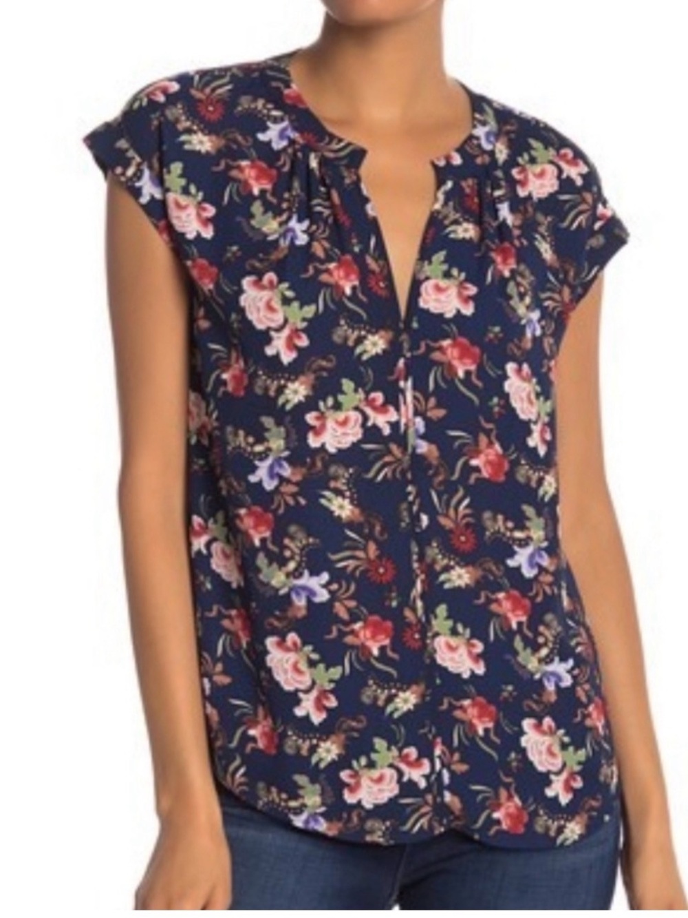 Philosophy Navy Pink Navy Red Floral V-Neck Flowy Boho Blouse Top Size Small